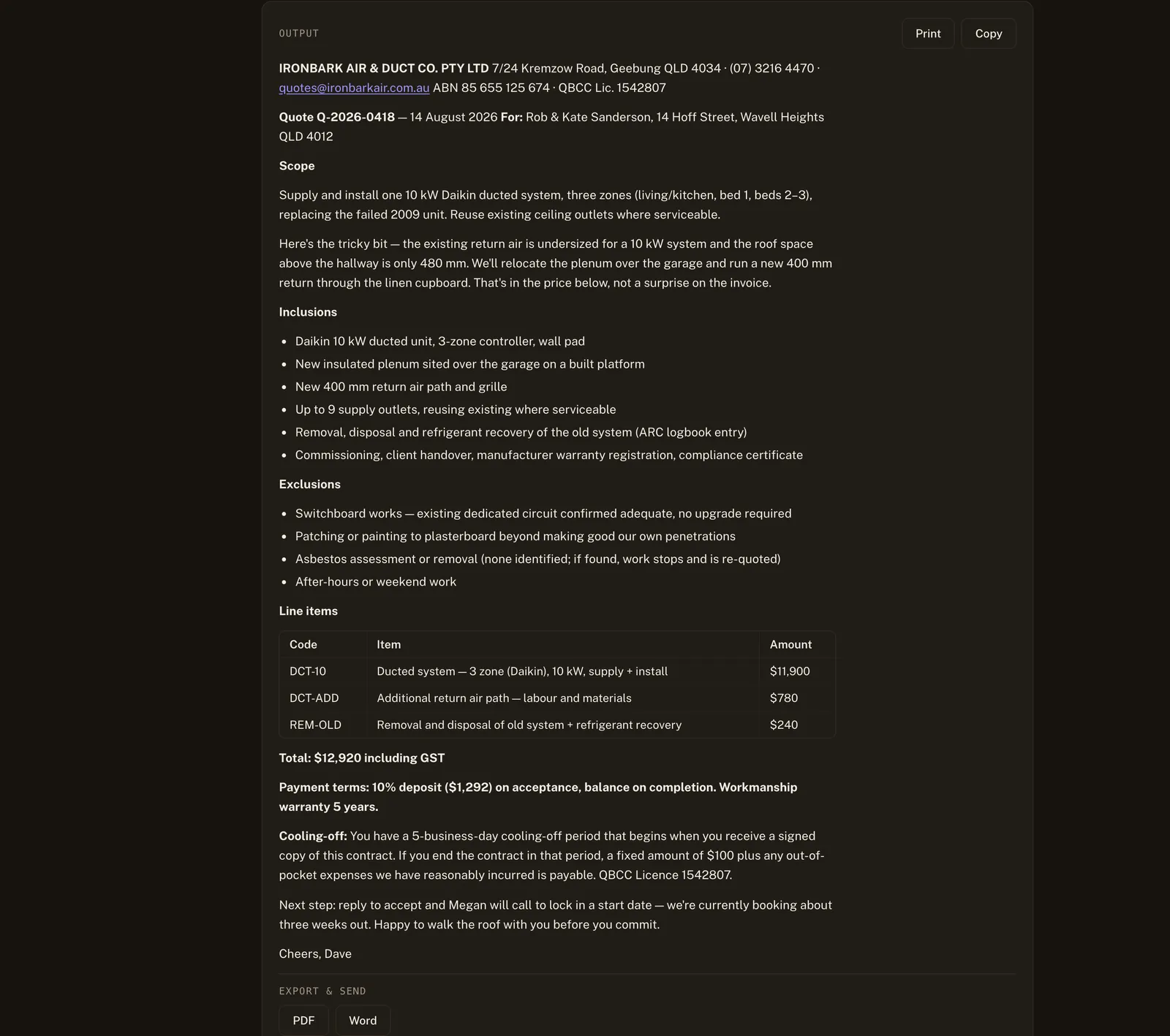 A finished supply-and-install quote rendered on the business's own letterhead — scope, inclusions, exclusions, a line-item table, total including GST, and a cooling-off clause — with Print, Copy, PDF and Word buttons.